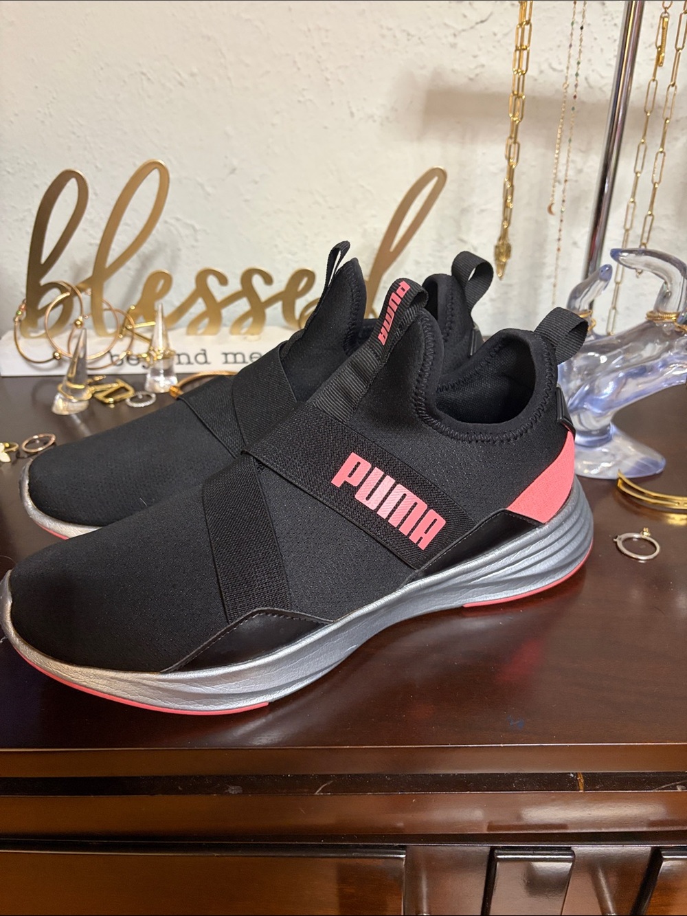 Puma Women's Black and Pink Slip-On Athletic Sneakers
